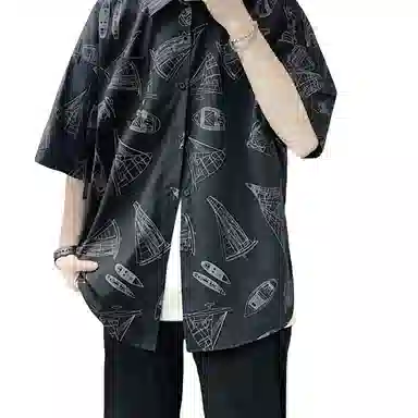 哲源 夏季薄款美式高街复古纯色满印图案卡通海边不规则沙滩旅游五分袖上衣百搭宽松休闲短袖衬衫 男女同款