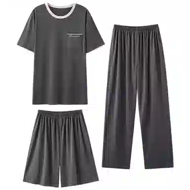 莫代尔 简约舒适休闲时尚圆领套头气质百搭柔软亲肤细腻宽松短袖短裤长裤三件套可外穿居家服睡衣套装 男款