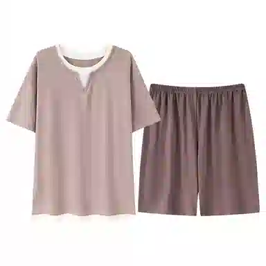 夏芬妍 亲肤舒适假两件纯棉圆领家居服柔软休闲短袖短裤时尚可外穿睡衣套装 男款 棕色