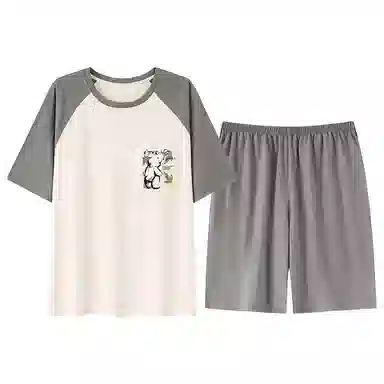 夏芬妍 亲肤舒适小熊贴袋纯棉圆领家居服柔软休闲短袖短裤时尚可外穿睡衣套装 男款 杏色