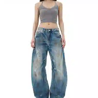 欧迪芬 美式高街慵懒松弛感裤子潮牌设计感废土风破洞潮牛仔裤 女款