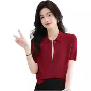 恒源祥 通勤气质百搭翻领高级感纯色短袖针织衫 女款