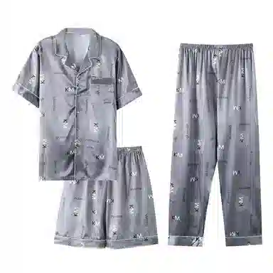 莫代尔 舒适时尚气质百搭翻领开衫轻盈透气耐磨耐穿个性短袖短裤长裤三件套可外穿居家服睡衣套装 男款