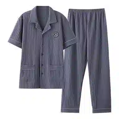 莫代尔 韩版耐磨耐穿舒适翻领开衫简约休闲时尚气质百搭宽松无束缚短袖长裤两件套家居服可外穿睡衣套装 男款