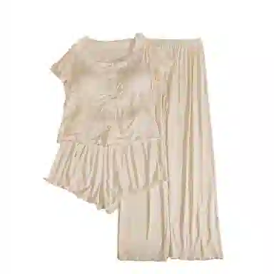 莫代尔 韩版休闲简约轻盈透气套头舒适柔软亲肤细腻带胸垫防凸点短袖家居服睡衣套装 女款