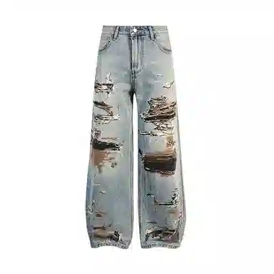 赞仕 美式街头嘻哈宽松直筒印花复古阔腿长裤牛仔裤 男女同款