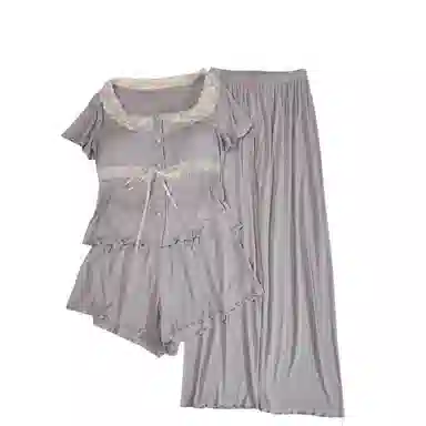 莫代尔 韩版休闲简约轻盈透气套头舒适柔软亲肤细腻带胸垫防凸点短袖家居服睡衣套装 女款