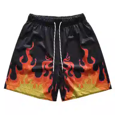 美式复古潮流夏日舒适时尚高街网眼透气火焰印花日常训练个性宽松百搭户外运动轻薄篮球裤 男女同款