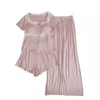 莫代尔 韩版休闲简约轻盈透气套头舒适柔软亲肤细腻带胸垫防凸点短袖家居服睡衣套装 女款