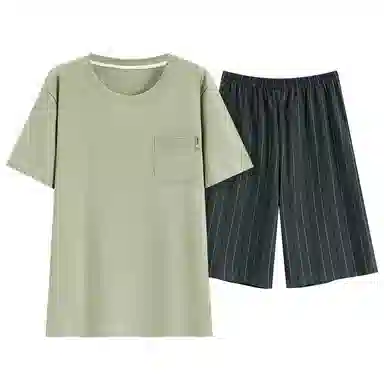 顶瓜瓜 简约舒适五分裤条纹约圆领短袖上衣睡衣套装 男款
