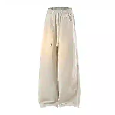 兰缪 美式复古日系简约高街风潮流基础款山系户外日常通勤运动舒适宽松清爽透气百搭柔软亲肤纯色垂感直筒长裤系带休闲裤 男女同款