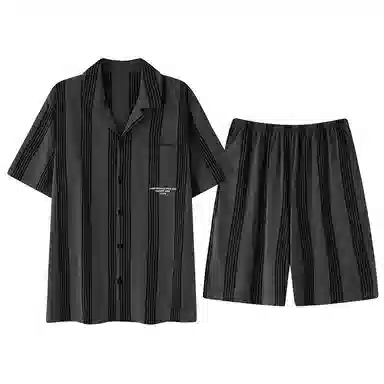 俏韵 短袖亲肤条纹翻领家居服可外穿睡衣套装 男款