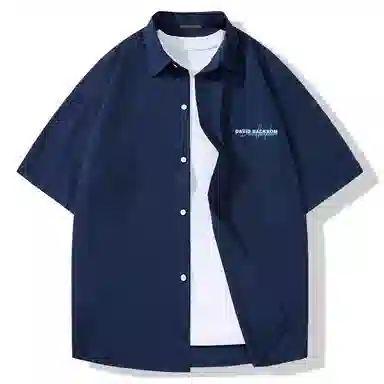 大卫贝肯 潮牌美式高级感重叠撞色字母小众设计时尚基础款纯色简约复古休闲运动百搭透气冰丝宽松翻领单排扣冰感短袖衬衫 男女同款