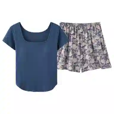 莫代尔 时尚气质方领休闲简约舒适柔软亲肤细腻短袖三分裤带胸垫防凸点家居服可外穿睡衣套装 女款