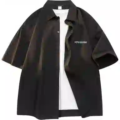 大卫贝肯 潮牌美式高级感重叠撞色字母小众设计时尚基础款纯色简约复古休闲运动百搭透气冰丝宽松翻领单排扣冰感短袖衬衫 男女同款