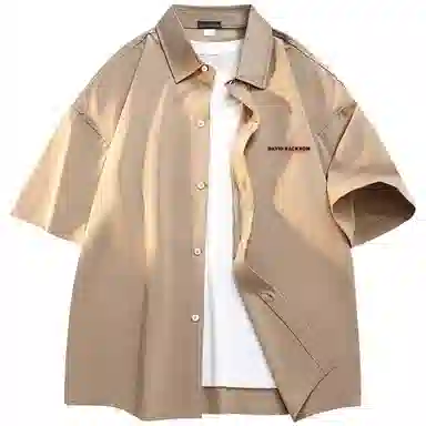 大卫贝肯 潮牌美式高级感重叠撞色字母小众设计时尚基础款纯色简约复古休闲运动百搭透气冰丝宽松翻领单排扣冰感短袖衬衫 男女同款