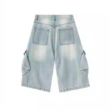 赞仕 美式复古侧边大口袋设计七分裤宽松休闲做旧牛仔短裤 男款