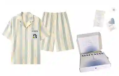 夏芬妍 简约舒适柔软条纹卡通英文纯棉翻领家居服透气亲肤宽松短袖短裤可外穿睡衣套装 男女同款