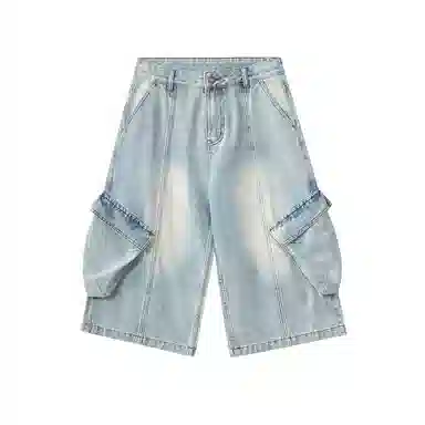 赞仕 美式复古侧边大口袋设计七分裤宽松休闲做旧牛仔短裤 男款