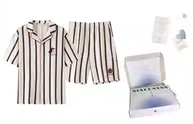 夏芬妍 简约舒适柔软条纹纯棉翻领家居服透气亲肤宽松短袖短裤可外穿睡衣套装 男女同款 杏色