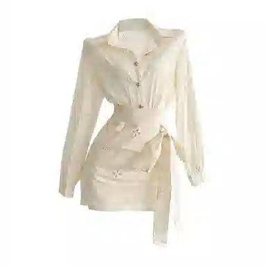 木清清 法式长袖衬衫气质高腰收腰绑带半身裙裙装套装 女款