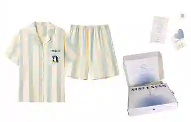 夏芬妍 简约舒适柔软条纹卡通英文纯棉翻领家居服透气亲肤宽松短袖短裤可外穿睡衣套装 男女同款