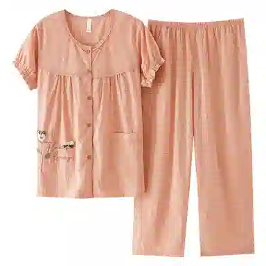 莫代尔 时尚简约休闲舒适圆领开衫轻盈透气柔软亲肤细腻宽松不易起球短袖长裤家居服可外穿睡衣套装 女款