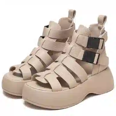 杰骤 头层牛皮 厚底复古 时尚潮流 简约百搭 罗马凉鞋 女