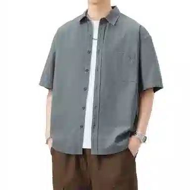 帝狼牛 户外休闲美式复古个性不规则口袋设计日系港风宽松百搭出勤日常时尚舒适工装短袖衬衫 男女同款
