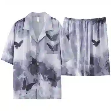 莫代尔 休闲简约宽松细腻翻领开衫舒适柔软亲肤透气显瘦个性无束缚短袖短裤情侣款家居服可外穿睡衣套装 男女同款