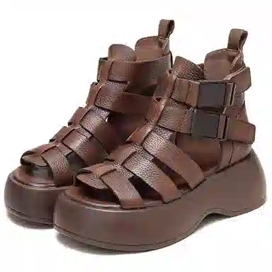 杰骤 头层牛皮 厚底复古 时尚潮流 简约百搭 罗马凉鞋 女