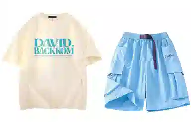 大卫贝肯 ×贝肯熊 联名款 幸运四叶草打碎字母印花透气圆领短袖手写撞色工装五分裤休闲运动套装 男女同款