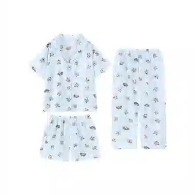 夏芬妍 柔软舒适条纹萌狗云朵棉翻领开衫家居服亲肤休闲短袖三件套时尚可外穿睡衣套装 女款 蓝色