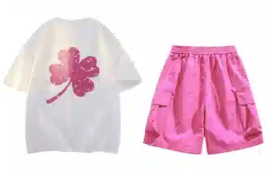 大卫贝肯 ×贝肯熊 联名款 幸运四叶草打碎字母印花透气圆领短袖手写撞色工装五分裤休闲运动套装 男女同款