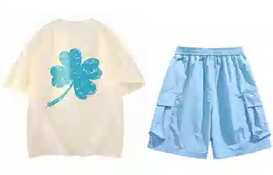 大卫贝肯 ×贝肯熊 联名款 幸运四叶草打碎字母印花透气圆领短袖手写撞色工装五分裤休闲运动套装 男女同款