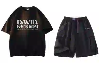 大卫贝肯 ×贝肯熊 联名款 幸运四叶草打碎字母印花透气圆领短袖手写撞色工装五分裤休闲运动套装 男女同款