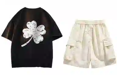 大卫贝肯 ×贝肯熊 联名款 幸运四叶草打碎字母印花透气圆领短袖手写撞色工装五分裤休闲运动套装 男女同款