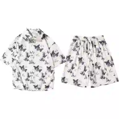 零氏 清心竹植物花卉印花图案透气翻领纽扣国潮中国风短袖短裤运动-套衬衫套装 男女同款