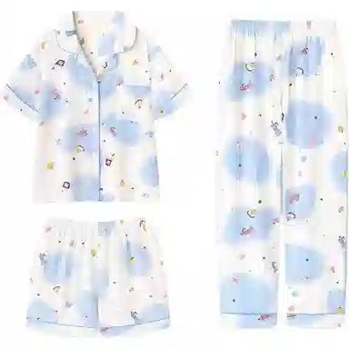 夏芬妍 柔软舒适卡通云朵棉翻领开衫家居服亲肤休闲短袖三件套时尚可外穿睡衣套装 女款 蓝色