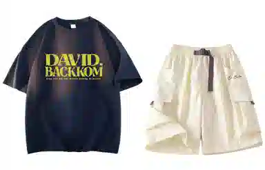 大卫贝肯 ×贝肯熊 联名款 幸运四叶草打碎字母印花透气圆领短袖手写撞色工装五分裤休闲运动套装 男女同款