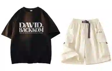 大卫贝肯 ×贝肯熊 联名款 幸运四叶草打碎字母印花透气圆领短袖手写撞色工装五分裤休闲运动套装 男女同款