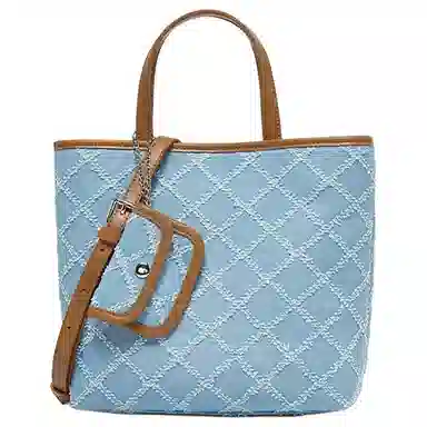 百思图 百搭设计感时尚通勤手提包单肩 合成革织物 斜挎包  女款 浅蓝/棕  深蓝/棕