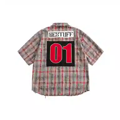 【dme】 美式复古贴布毛边格子渐变慵懒风宽松休闲百搭上衣短袖衬衫 男女同款