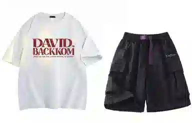 大卫贝肯 ×贝肯熊 联名款 幸运四叶草打碎字母印花透气圆领短袖手写撞色工装五分裤休闲运动套装 男女同款