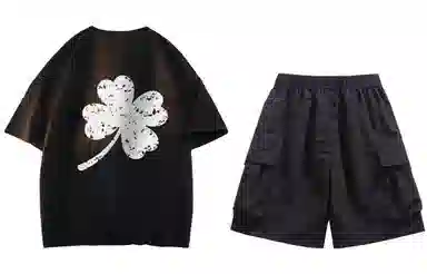 大卫贝肯 ×贝肯熊 联名款 幸运四叶草打碎字母印花透气圆领短袖手写撞色工装五分裤休闲运动套装 男女同款