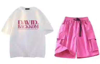 大卫贝肯 ×贝肯熊 联名款 幸运四叶草打碎字母印花透气圆领短袖手写撞色工装五分裤休闲运动套装 男女同款