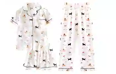 夏芬妍 柔软舒适小狗乐园云朵棉翻领开衫家居服亲肤休闲短袖三件套时尚可外穿睡衣套装 女款 杏色
