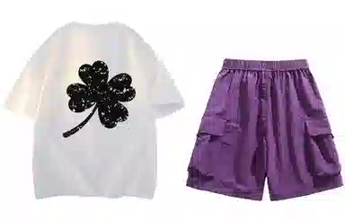 大卫贝肯 ×贝肯熊 联名款 幸运四叶草打碎字母印花透气圆领短袖手写撞色工装五分裤休闲运动套装 男女同款