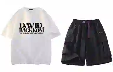 大卫贝肯 ×贝肯熊 联名款 幸运四叶草打碎字母印花透气圆领短袖手写撞色工装五分裤休闲运动套装 男女同款