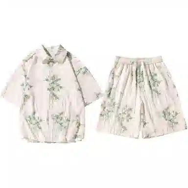 零氏 清心竹植物花卉印花图案透气翻领纽扣国潮中国风短袖短裤运动-套衬衫套装 男女同款